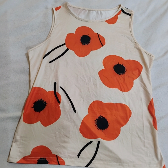 Unbranded Tops - Floral Sleeveless Tank Top - Cream and Orange